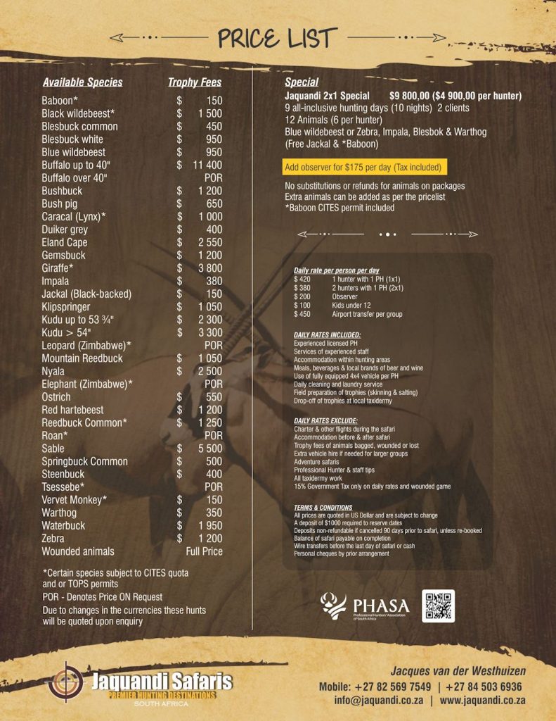 Prices - Hunting Safaris Limpopo 